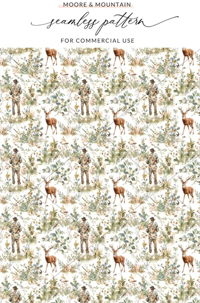 Deer Hunter Among Greenery and Flowers Pattern Digital