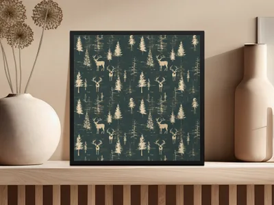 Deer In Forest Trees Pattern Seamless Background Digital