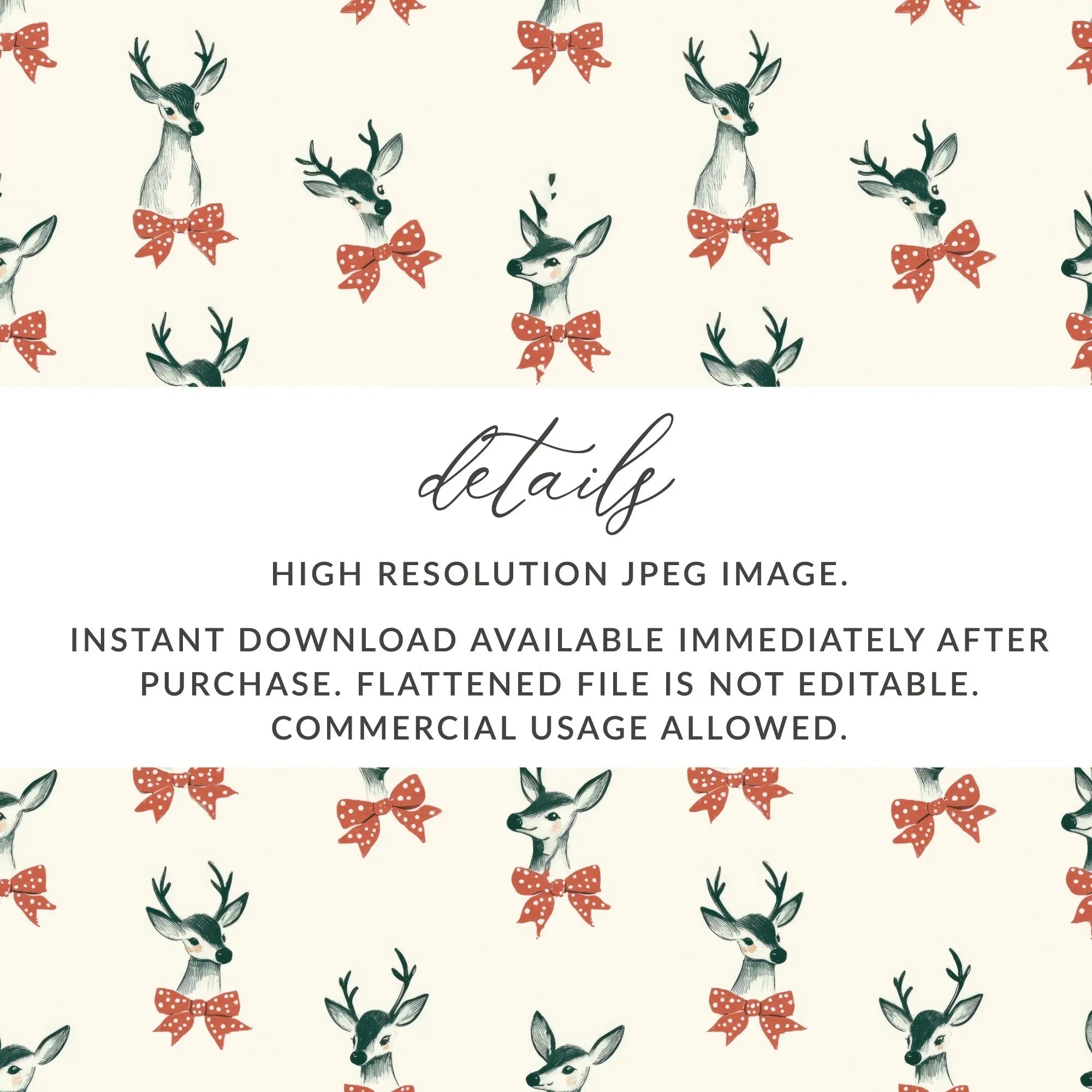 Deer with Bow Digital Paper, Christmas Seamless Pattern, Festive Repeat Pattern, Cute Holiday Pattern, Digital Download for Fabric, Craft