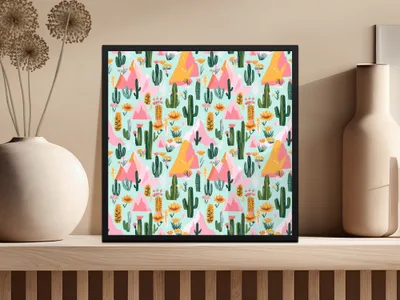 Desert Mountains And Cactus Seamless Pattern For Your Project, Seamless Cactus Texture