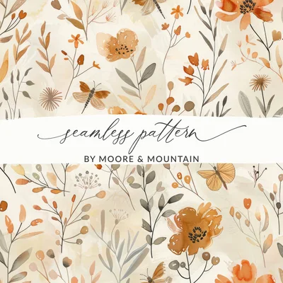 Digital Autumn Floral Pattern, Watercolor Flowers and Insects, Fall Boho Design, Neutral Beige Background, Digital Download
