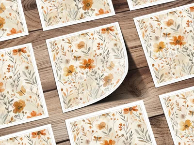 Digital Autumn Floral Pattern, Watercolor Flowers and Insects, Fall Boho Design, Neutral Beige Background, Digital Download