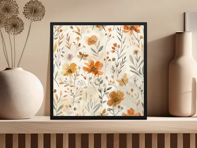 Digital Autumn Floral Pattern, Watercolor Flowers and Insects, Fall Boho Design, Neutral Beige Background, Digital Download