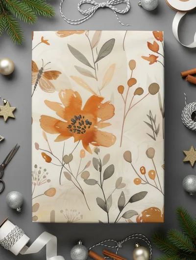 Digital Autumn Floral Pattern, Watercolor Flowers and Insects, Fall Boho Design, Neutral Beige Background, Digital Download