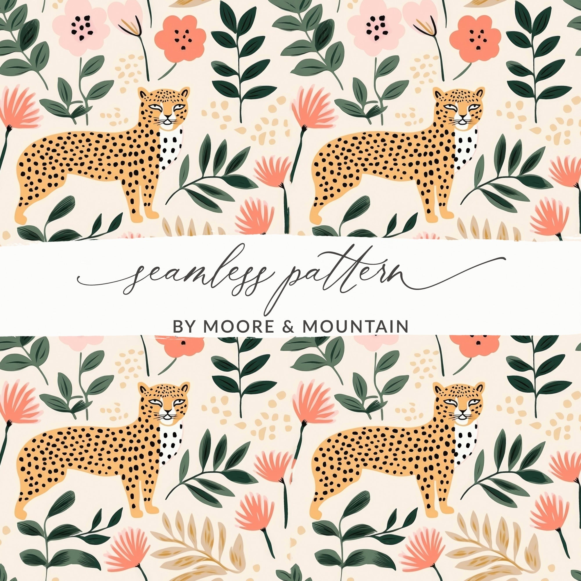 Digital Cheetah Pattern, Floral Print, Pink Green, Neutral Beige, Animal Print, Leopard Spots, Spring Pattern, Repeat Pattern Design