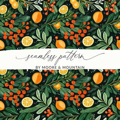 Digital Citrus Berries Seamless Pattern, Festive Fruit Leaves Repeat Digital Paper, Print on Demand, Fabric Design, Digital Download