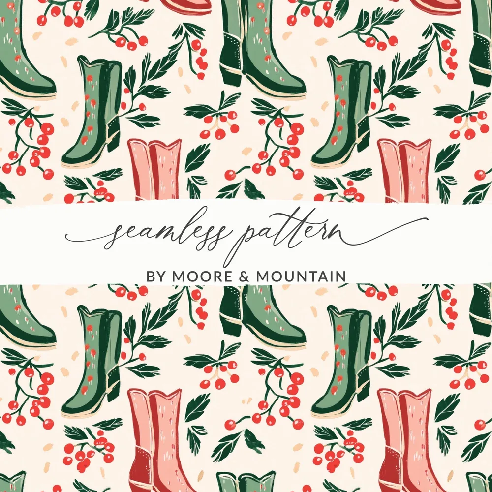 Christmas Cowgirl Boots Seamless Pattern for Commercial Use Red and Green Cowboy Boots