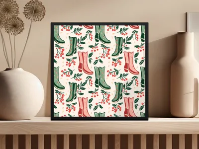 Christmas Cowgirl Boots Seamless Pattern for Commercial Use Red and Green Cowboy Boots