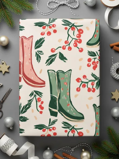 Christmas Cowgirl Boots Seamless Pattern for Commercial Use Red and Green Cowboy Boots