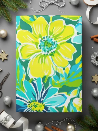 Digital Floral Pattern, Seamless Flower Design, Turquoise Yellow Green, 12x12 JPEG, Digital Paper, Spring Summer Fabric, Scrapbooking