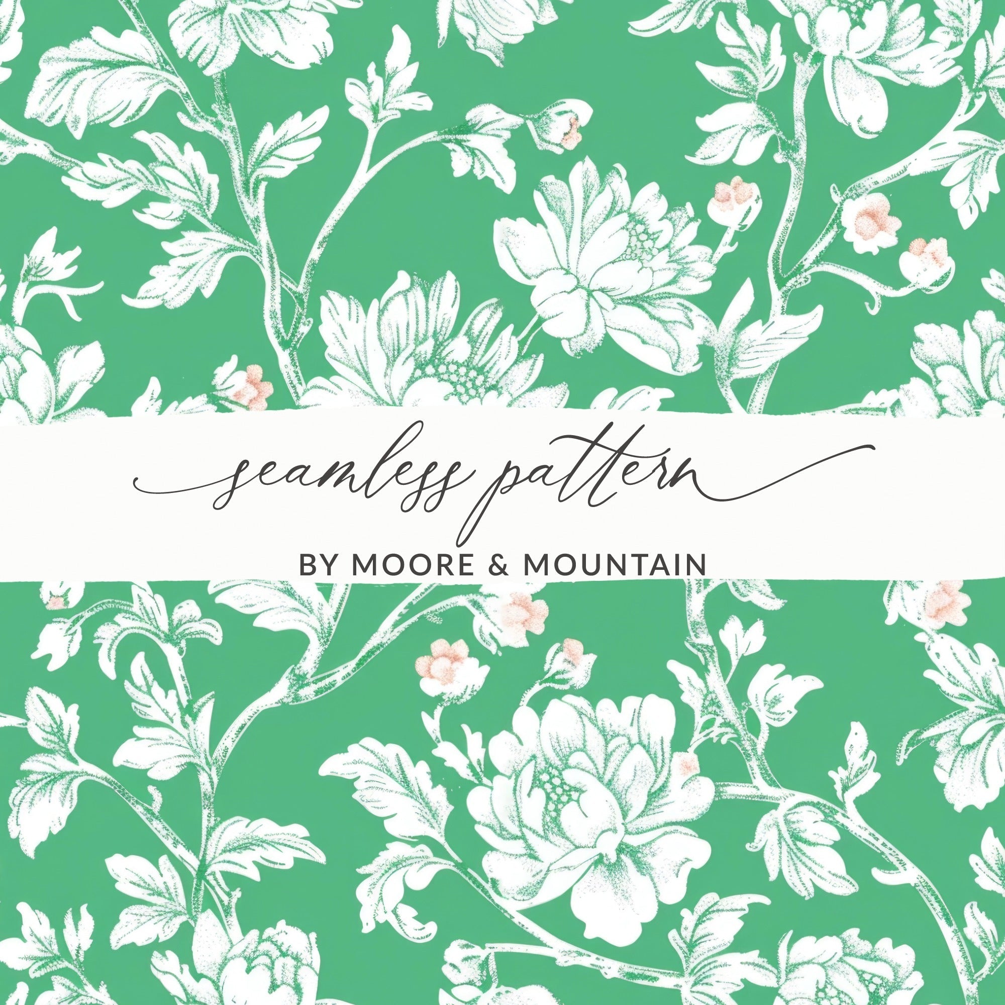 Digital Floral Pattern, Seamless Peony Design, Green and White Wallpaper, Printable Fabric Pattern, Scrapbooking Paper, 2 JPEG Scales