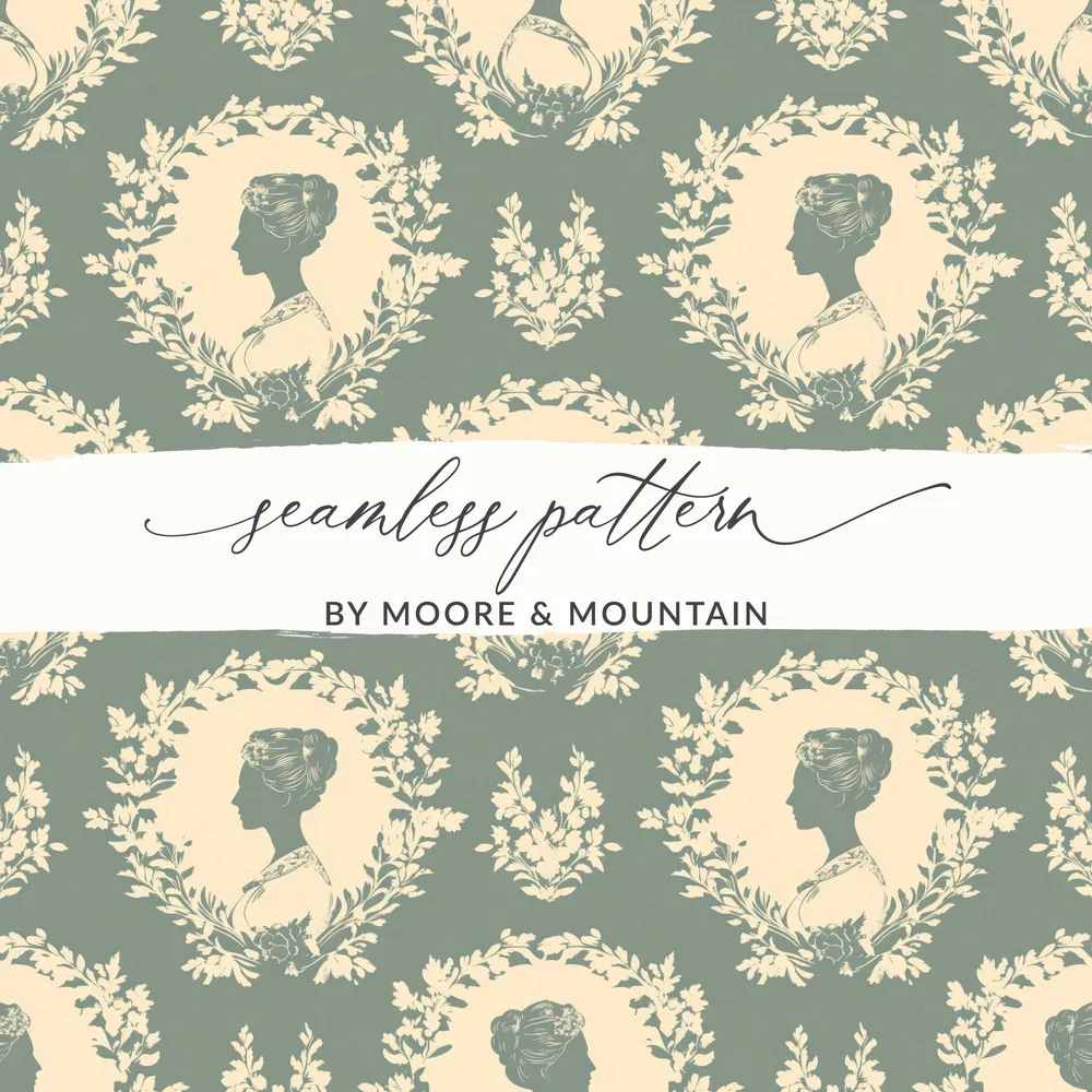 Digital Lady Cameo Floral Pattern, Seamless Floral Repeat Pattern, JPEG Files, Botanical Design, Feminine Pattern, Digital Paper Download