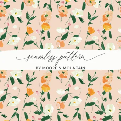 Digital Watercolor Floral Pattern, Peach, White, Orange Flowers, Abstract Spring Illustration, Printable Fabric Design, Seamless Repeat