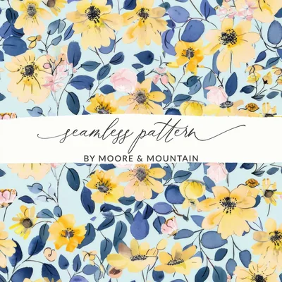 Digital Yellow Floral Seamless Pattern, Watercolor Flowers Fabric Design, Botanical Digital Paper, Spring Textile Print, JPEG Files