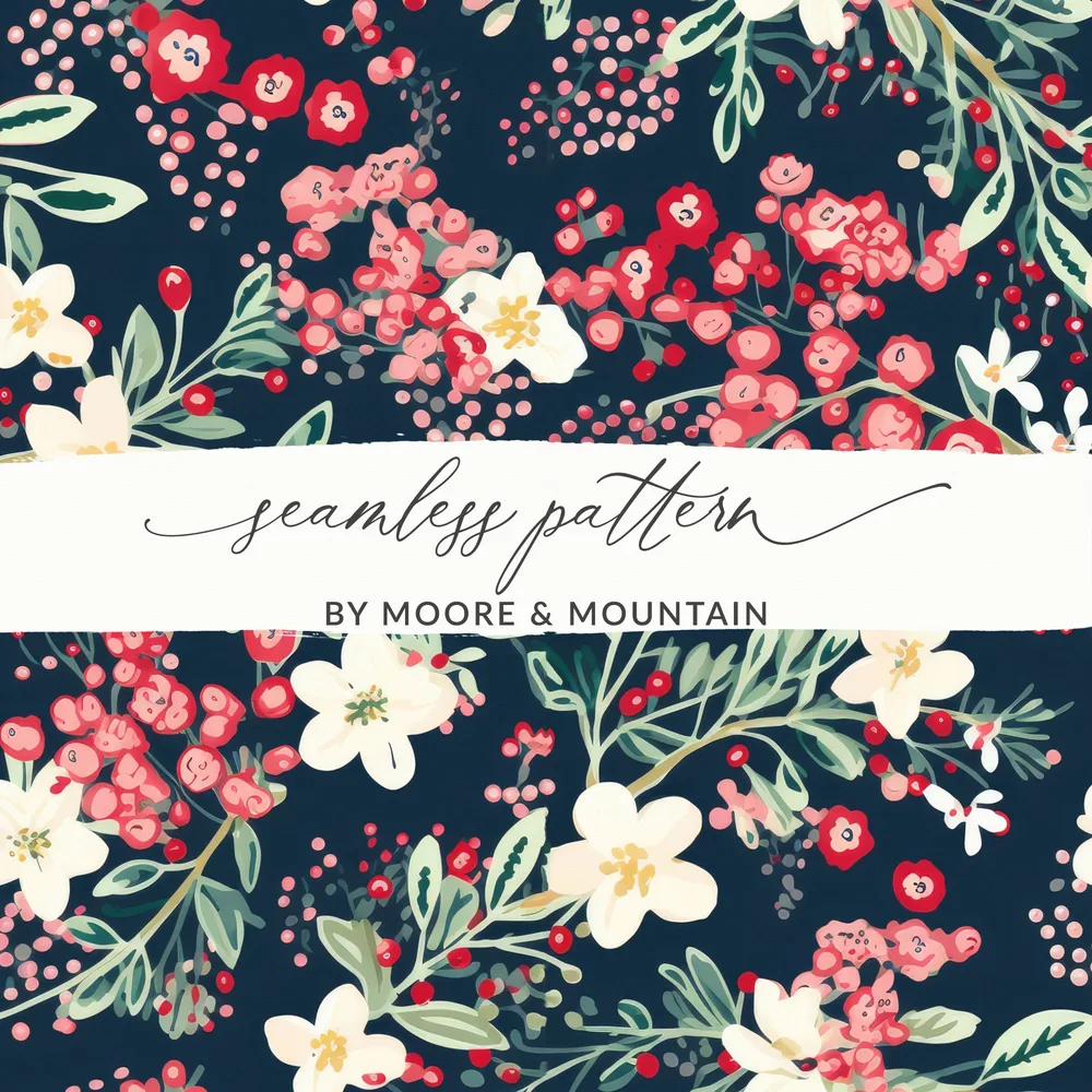 Ditsy Christmas Foliage Red and Blush Floral Seamless Pattern for Commercial Use