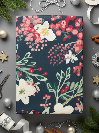 Ditsy Christmas Foliage Red and Blush Floral Seamless Pattern for Commercial Use