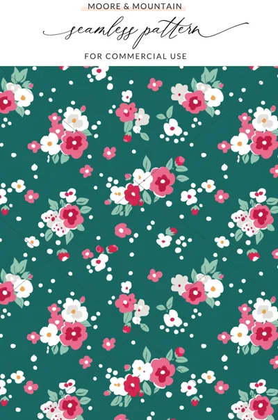Ditsy Festive Digital Background, Christmas Floral Repeat, Seamless Holiday Pattern, Ditsy Floral, Holiday Fabric Design, Green, Pink, White