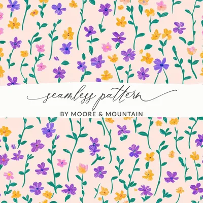Ditsy Floral Boho Seamless Pattern, Digital Paper, Blush Yellow Purple Flowers, Fabric Design, Scrapbooking, Phone Case Digital