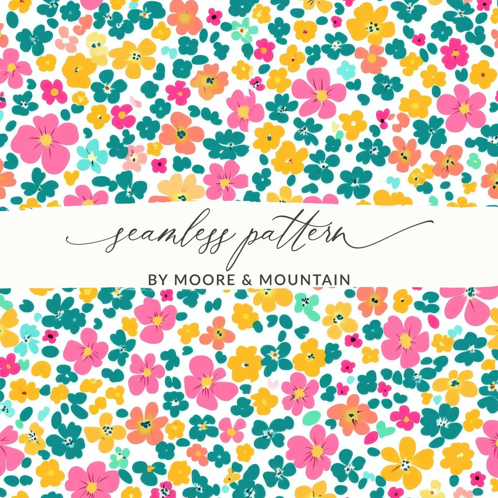 Ditsy Floral Digital Paper, Boho Floral Seamless Pattern, Blush Yellow Pink Teal Flowers, Floral Fabric Pattern, Scrapbook Paper Design