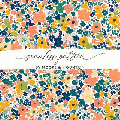Ditsy Floral Seamless Pattern, Orange Yellow Blue Digital Paper, Boho Floral Seamless Pattern, Floral Print, Digital Fabric Design