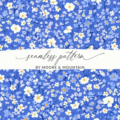 Ditsy Floral Seamless Spring Flowers Pattern in Blue Design Digital