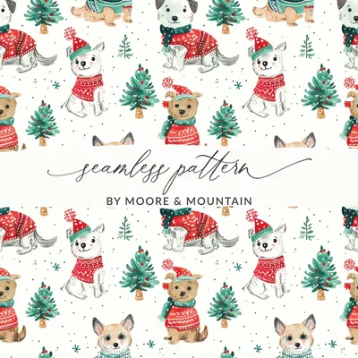Dog with Christmas Trees Pattern Winter Christmas Digital