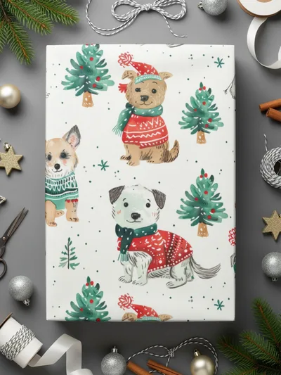 Dog with Christmas Trees Pattern Winter Christmas Digital