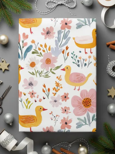 Duck Floral Seamless Pattern, Digital Download, Cute Ducklings, Flower Background, Kids Design, Fabric Design, Digital Paper