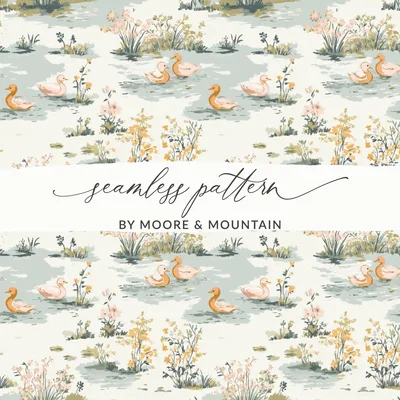 Duck Pond Digital Paper, Floral Seamless Pattern, Pastel Green Background, Wildlife Print, Farmhouse Style, Digital Download for Crafts