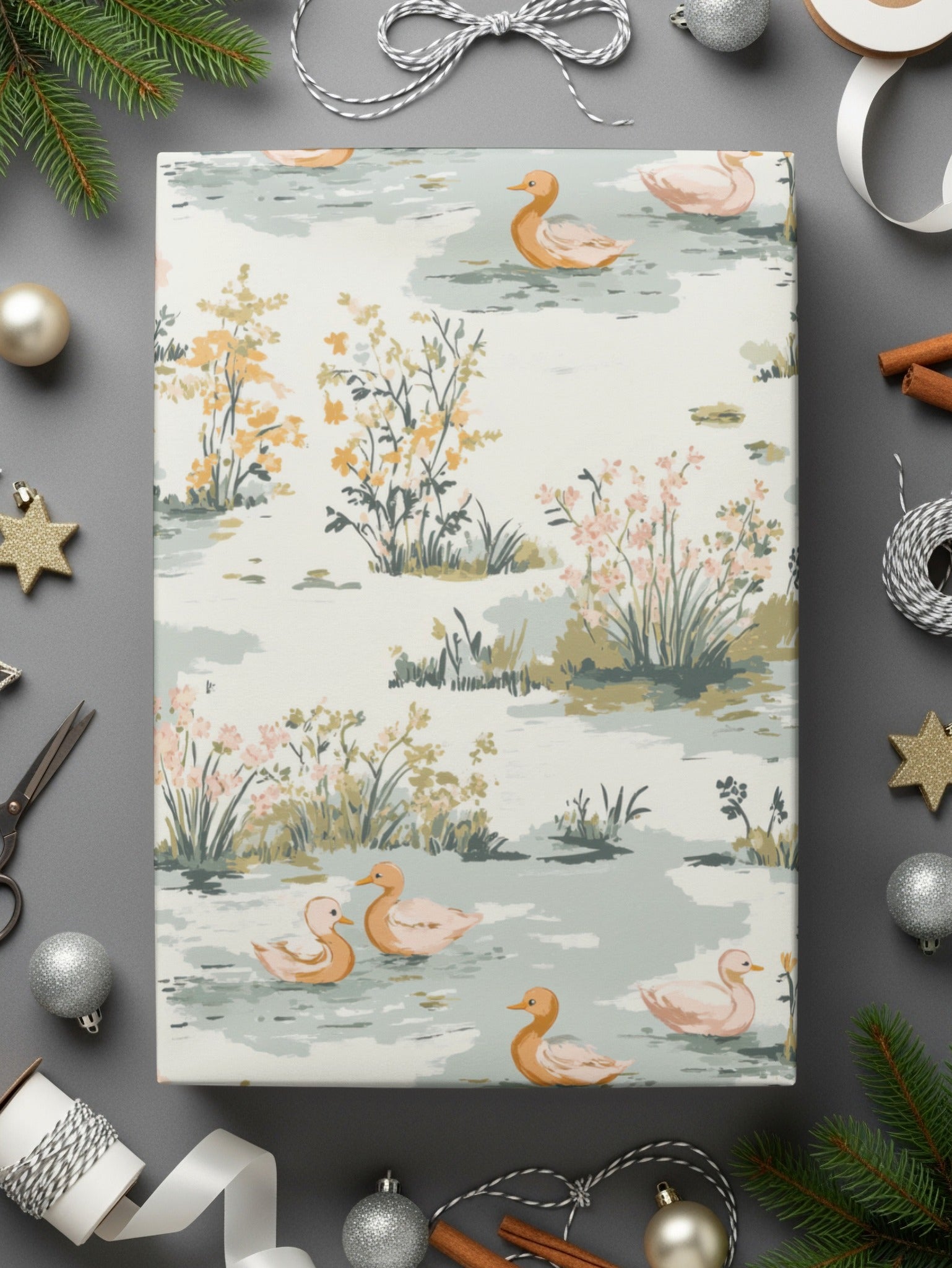 Duck Pond Digital Paper, Floral Seamless Pattern, Pastel Green Background, Wildlife Print, Farmhouse Style, Digital Download for Crafts
