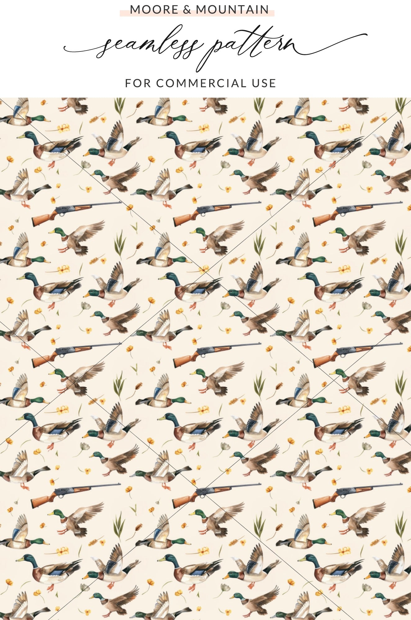 Ducks In Flight Seamless Pattern Yellow Flowers Digital
