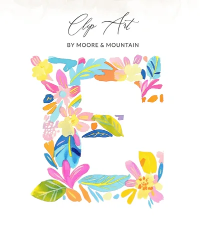 E Watercolor Floral Clipart, Preppy Tropical Letter E PNG, Vibrant Pastel Alphabet, Hand Painted Digital Art, Commercial Use, Instant