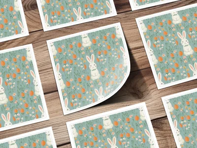 Easter Bunny Digital Paper, Light Blue Floral Pattern, Spring Rabbit Carrots, Pastel Seamless Pattern, Cute Digital Design for Crafts