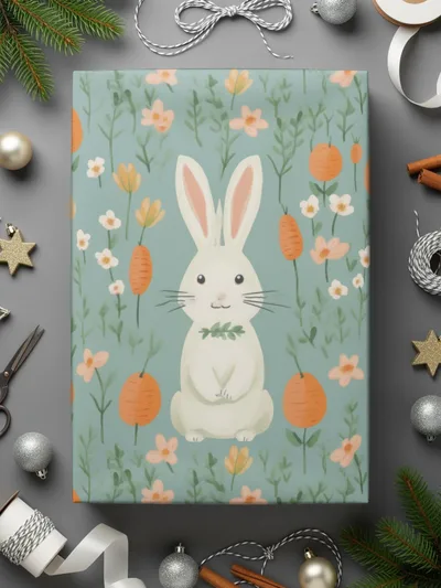 Easter Bunny Digital Paper, Light Blue Floral Pattern, Spring Rabbit Carrots, Pastel Seamless Pattern, Cute Digital Design for Crafts