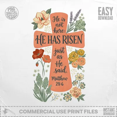 Easter He Is Risen Matthew 28:6 SVG PNG, Bible Verse Christian Cross Art, Religious Floral Scripture Digital Download, Christian Clipart