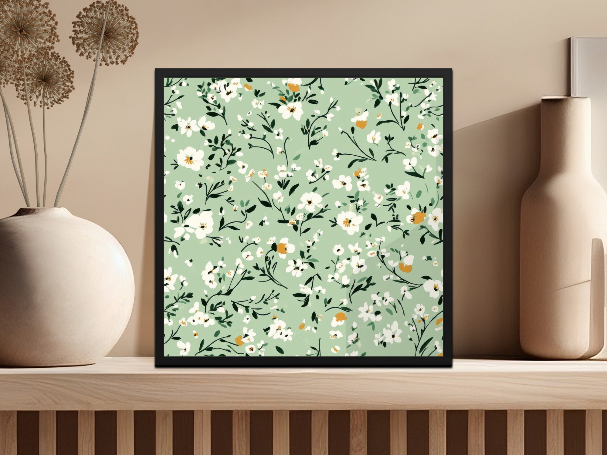 Elegant Ditsy Floral Pattern on Green Background Digital