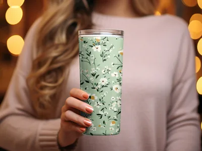 Elegant Ditsy Floral Pattern on Green Background Digital