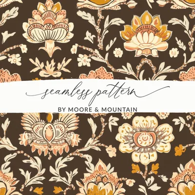 Elegant Indian Motif Design Seamless Pattern with Flowers Dark Brown Chintz