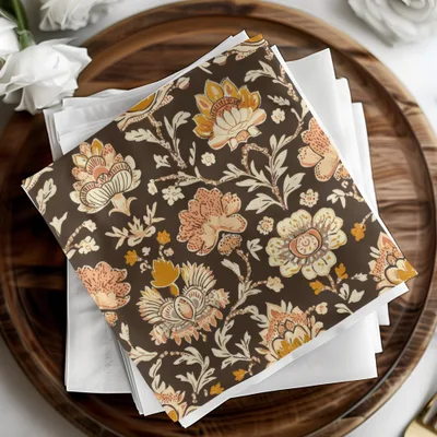 Elegant Indian Motif Design Seamless Pattern with Flowers Dark Brown Chintz