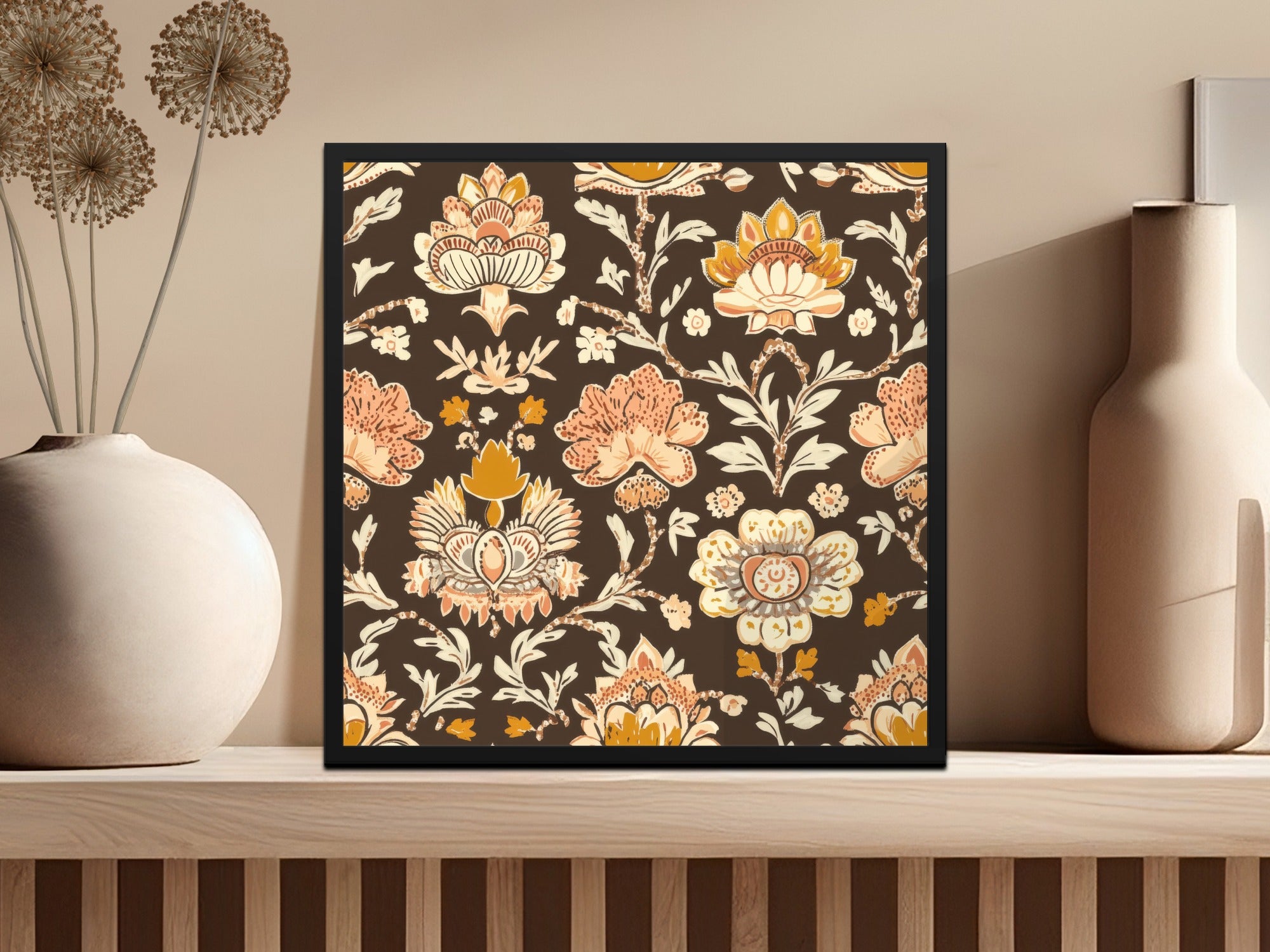 Elegant Indian Motif Design Seamless Pattern with Flowers Dark Brown Chintz