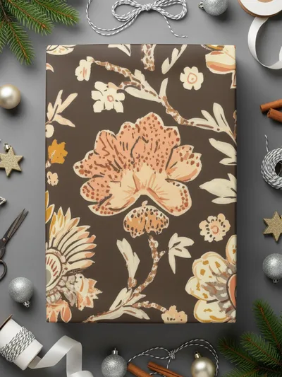 Elegant Indian Motif Design Seamless Pattern with Flowers Dark Brown Chintz