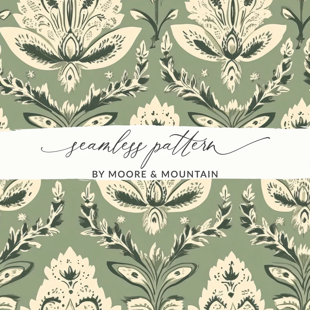 Elegant Kalamkari Art Inspired Seamless Indian Pattern Sage Green Motif