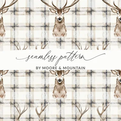 Elegant Plaid with Deer Illustrations Seamless Pattern Digital