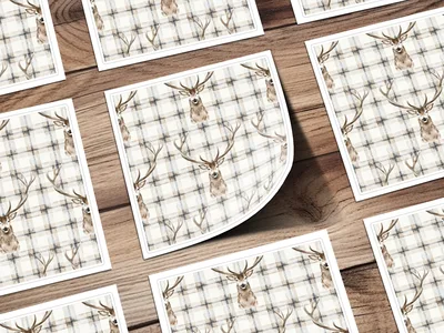 Elegant Plaid with Deer Illustrations Seamless Pattern Digital