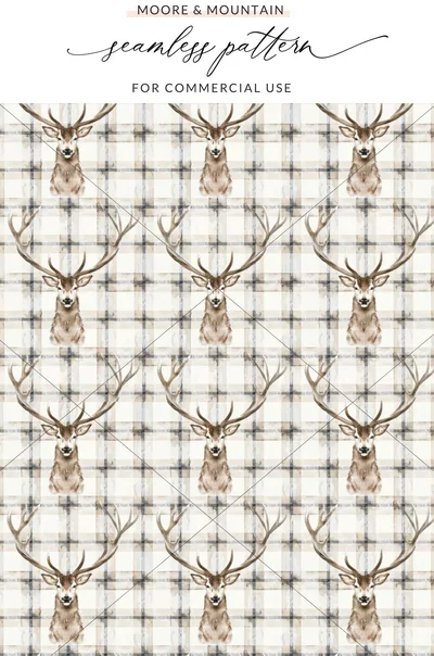 Elegant Plaid with Deer Illustrations Seamless Pattern Digital