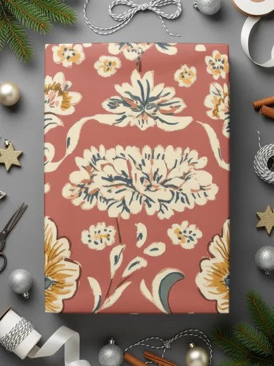 Elegant Red Indian Motif on Terracotta Background Seamless Pattern