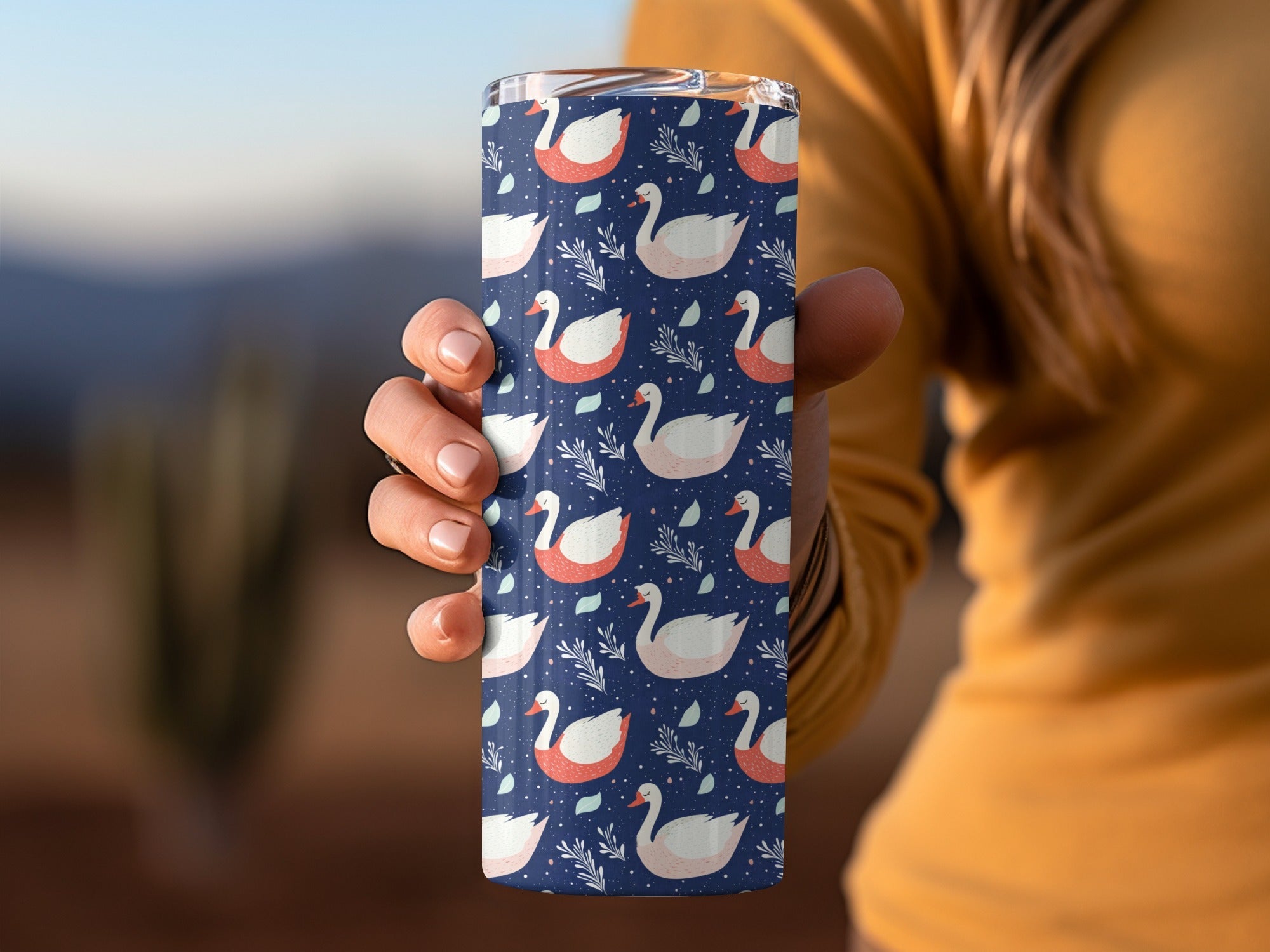 Elegant Swans on Navy Background Patterned Artwork Digital
