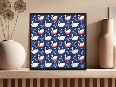 Elegant Swans on Navy Background Patterned Artwork Digital