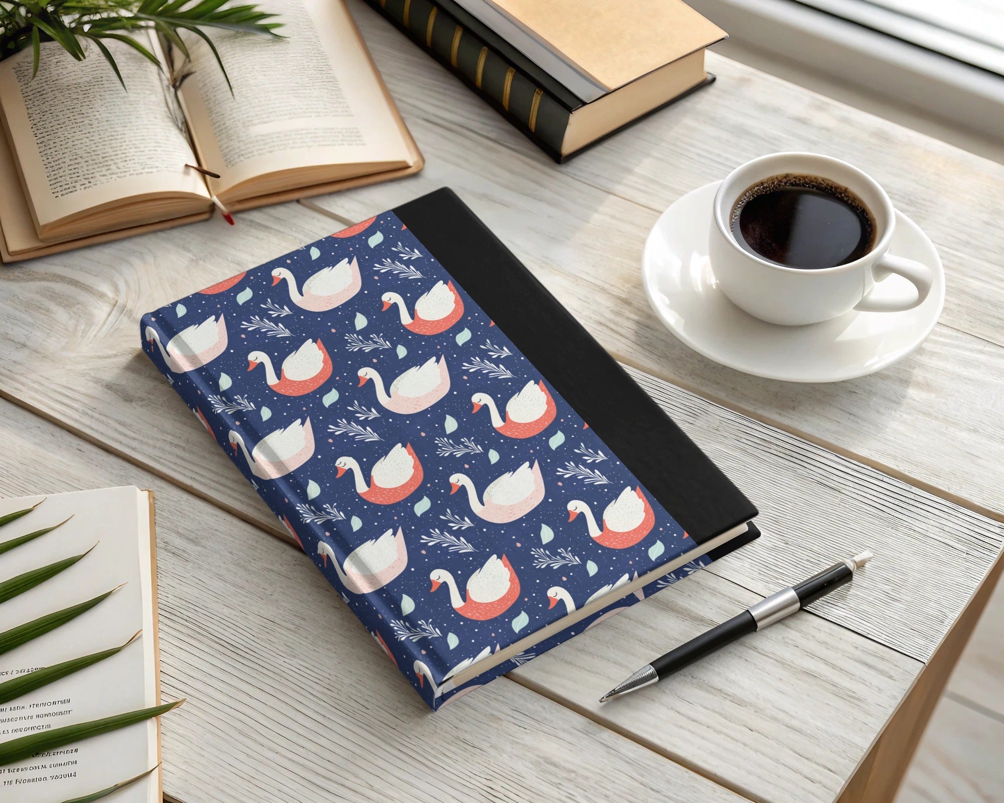Elegant Swans on Navy Background Patterned Artwork Digital