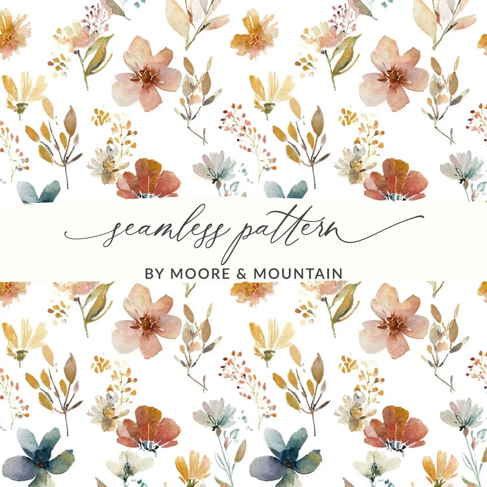 Fall Autumn Floral Watercolor Floral Seamless Pattern, Digital Paper, Flowers and Leaves, Autumn Colors, Printable Background, Fall Designs - Moore and Mountain